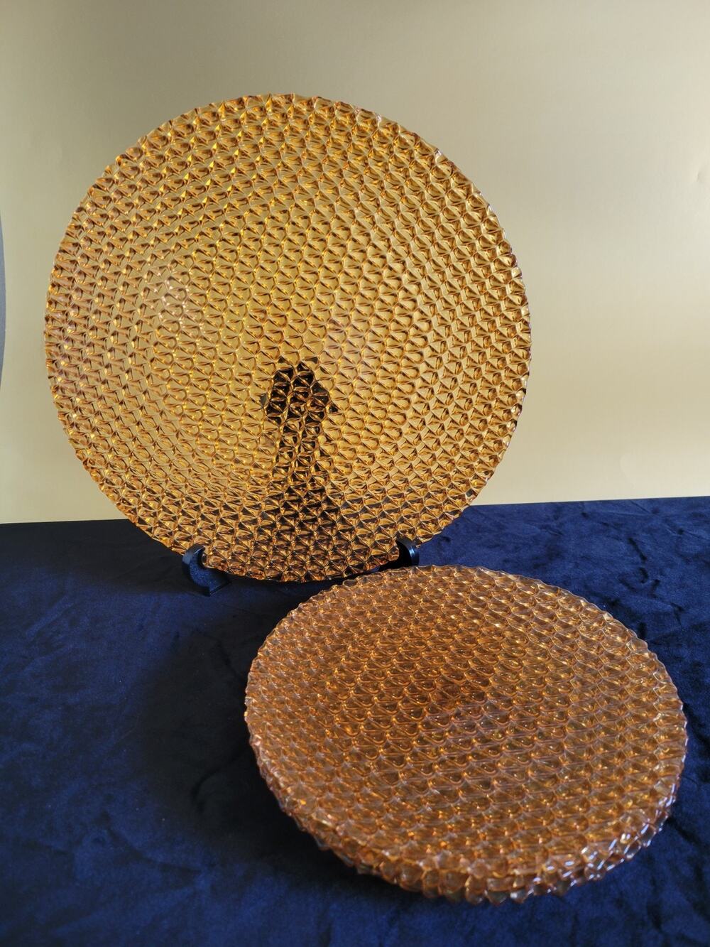 Vintage Amber Glass Dinnerware Set 4pc, 12" Charger Plate & 3 Salad Plates Pavo
